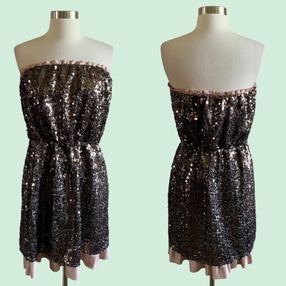 DKNY Neutral Color Sequins Strapless Dress With Ruffles Across Chest and At Hem - Picture 15 of 15